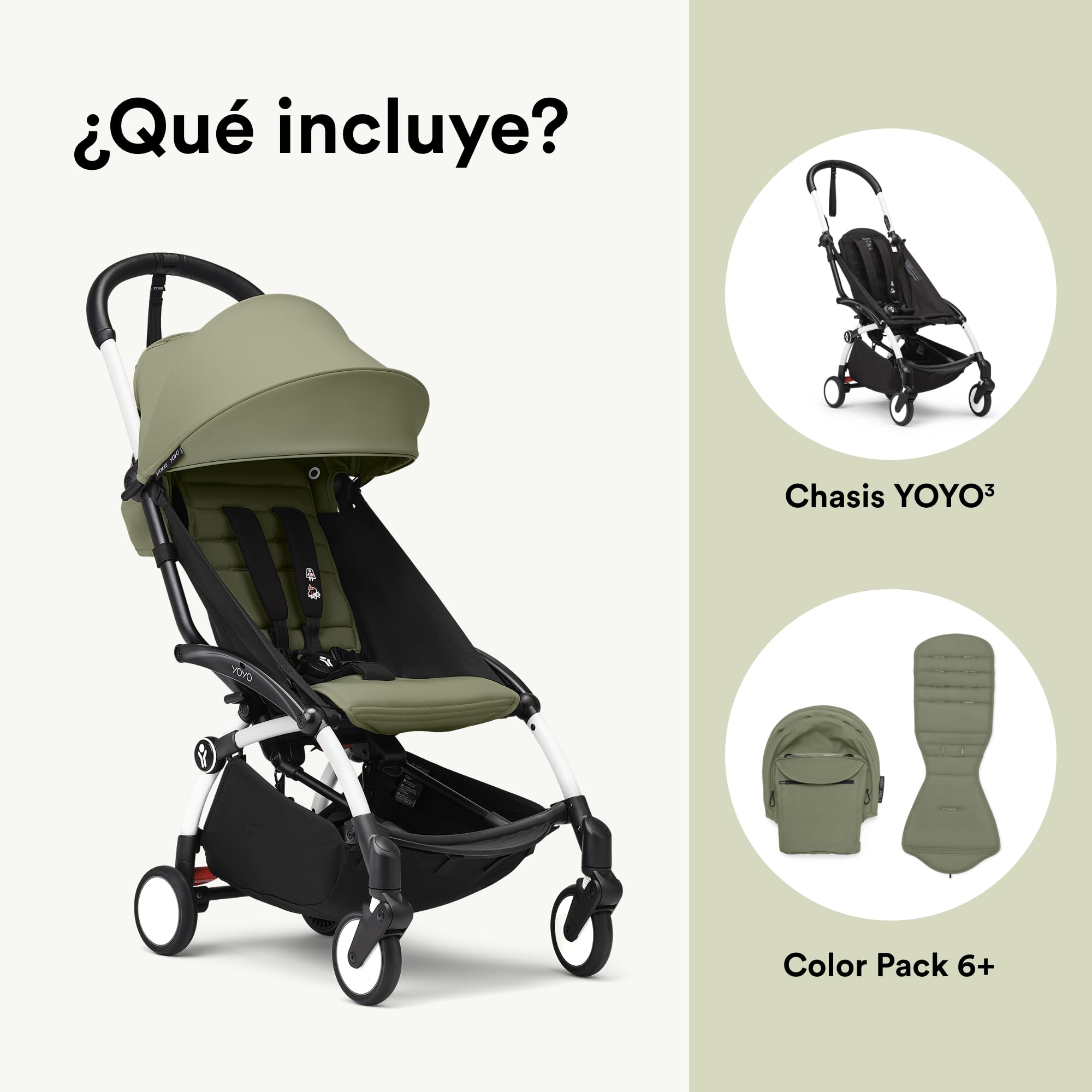 Cochecito Stokke YOYO3 a partir de 6 meses - Incluye chasis blanco/cojín de asiento Olive + dosel - Se pliega y despliega en un instante - Ligero y compacto - Compatible con equipaje de mano