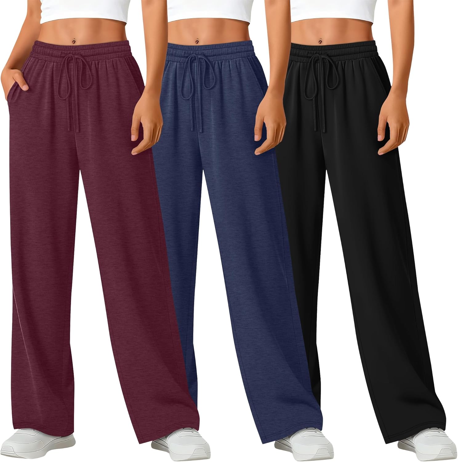 3 Pack Women's Wide Leg Yoga Pants, Casual Drawstring Sweatpants Elastic Waist Loose Lounge Pants with Pockets