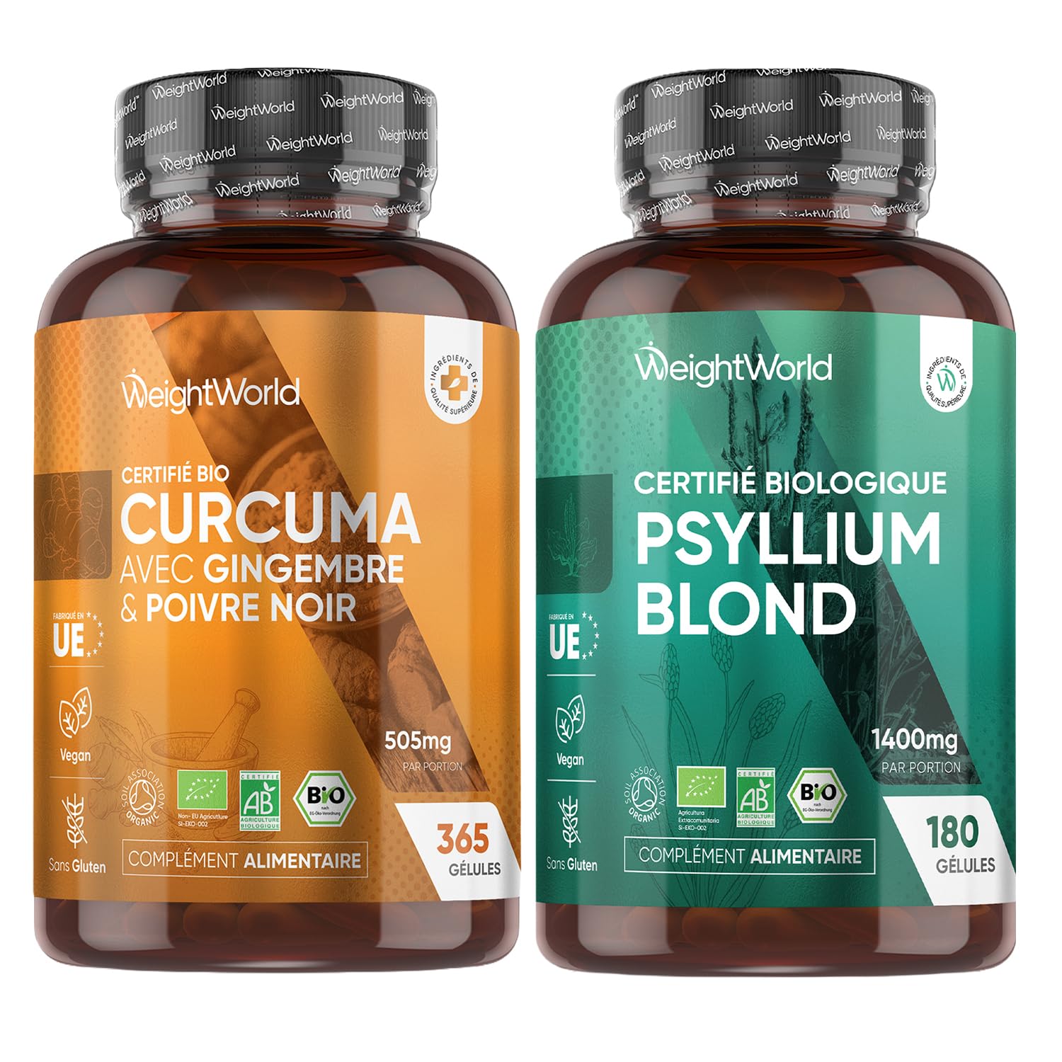 Duo Complémentaire - Curcuma Bio, Poivre Noir, Gingembre 365 Gélules Vegan - Psyllium Blond Bio 180 Gélules Vegan, Tégument de Graine de Plantago Ovata - Gélules Multi-Usages Certifiées AB