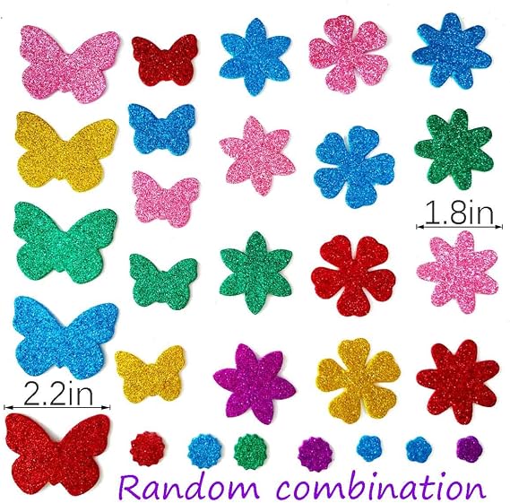 Glitter Foam Flower and Butterfly Shapes Stickers, Self-Adhesive Stickers Kid's Arts Crafts Supplies for Greeting Cards DIY Scrapbooking Cards Creative Toys Home Decoration (Random Colors)