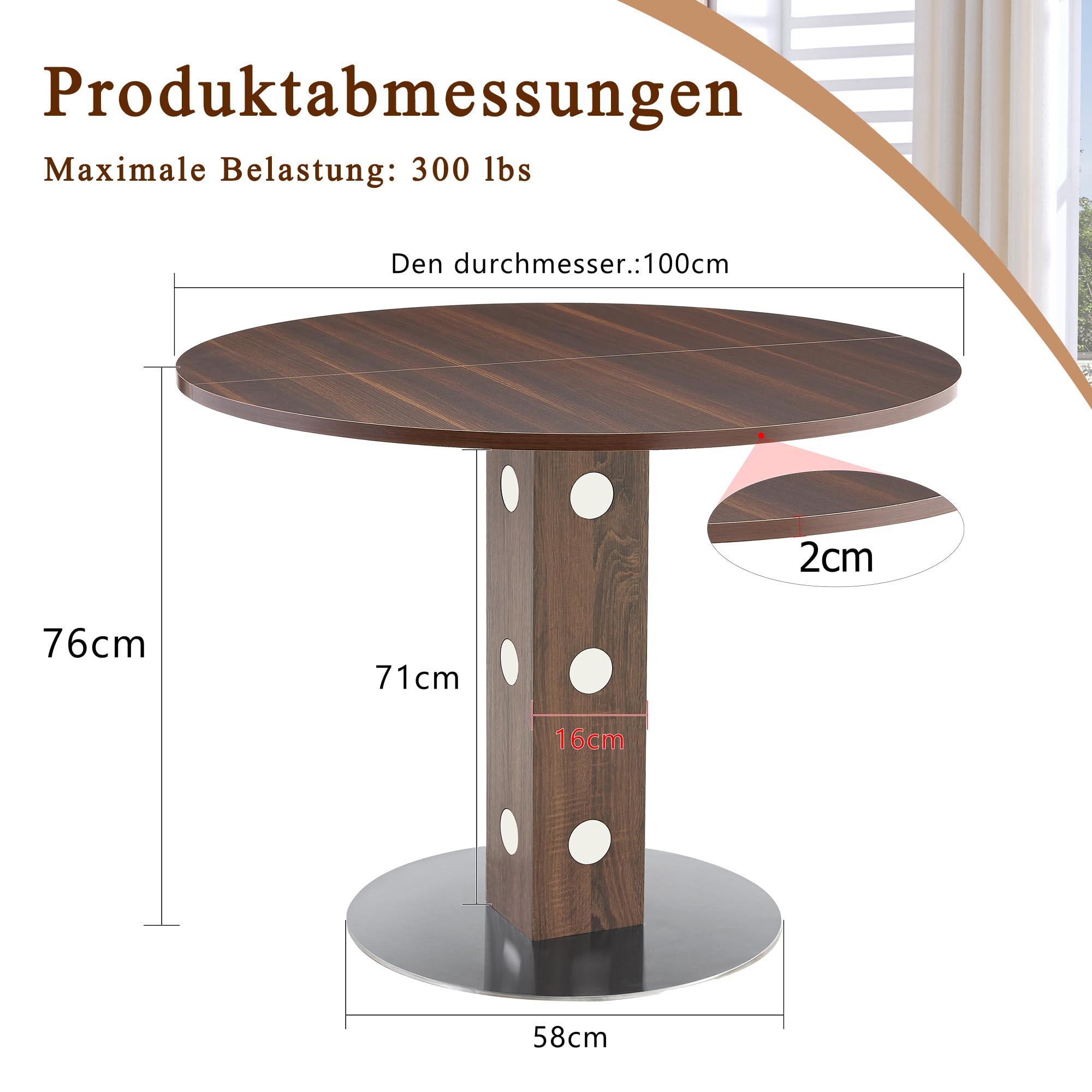 TIZZ Moderno tavolo da pranzo rotondo con piedistallo quadrato in legno e accenti a specchio, venature del legno di noce e base in metallo, per 2-4 persone, ideale per cucina, sala da pranzo e piccoli