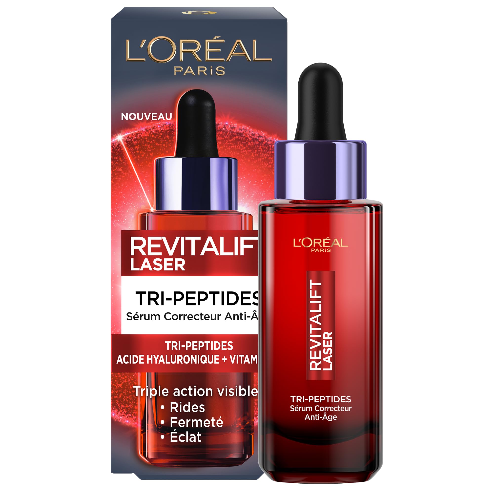 L'Oréal Paris - Siero correttore viso anti-età, trattamento anti-età, tripla azione, con acido ialuronico, peptidi e vitamina C, tutti i tipi di pelle, Revitalift Laser X3-30 ml