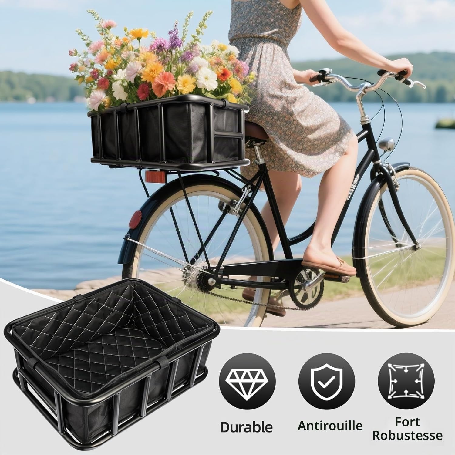 Panier de Vélo Arrière, Panier Velo, Panier Arrière en Métal avec Filet de Chargement et Doublure Épaisse, Porte Bagage Velo Arriere, pour Plupart des Vélos et Vélos Électriques