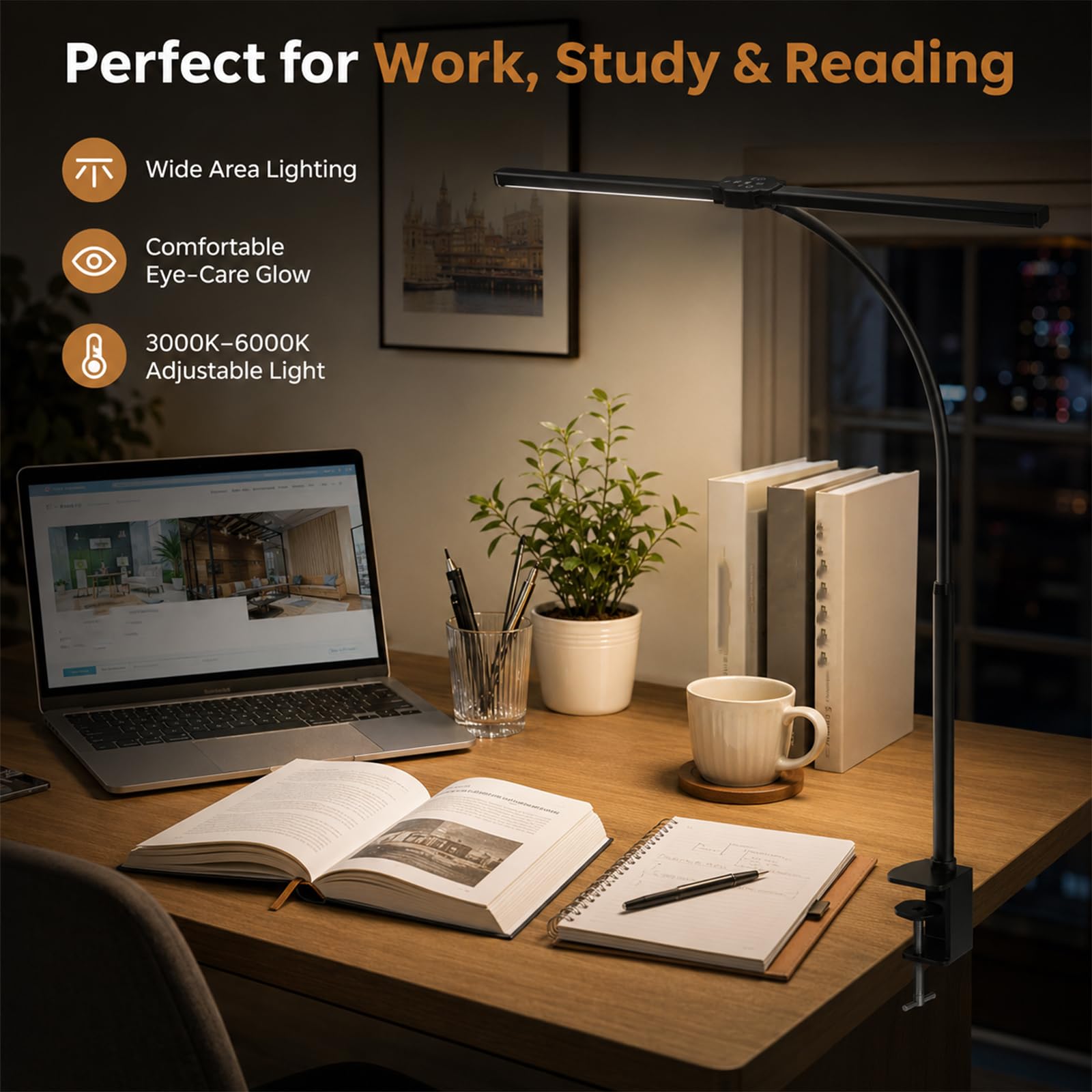 Lampe de bureau LED avec pince, lumière de lecture large
