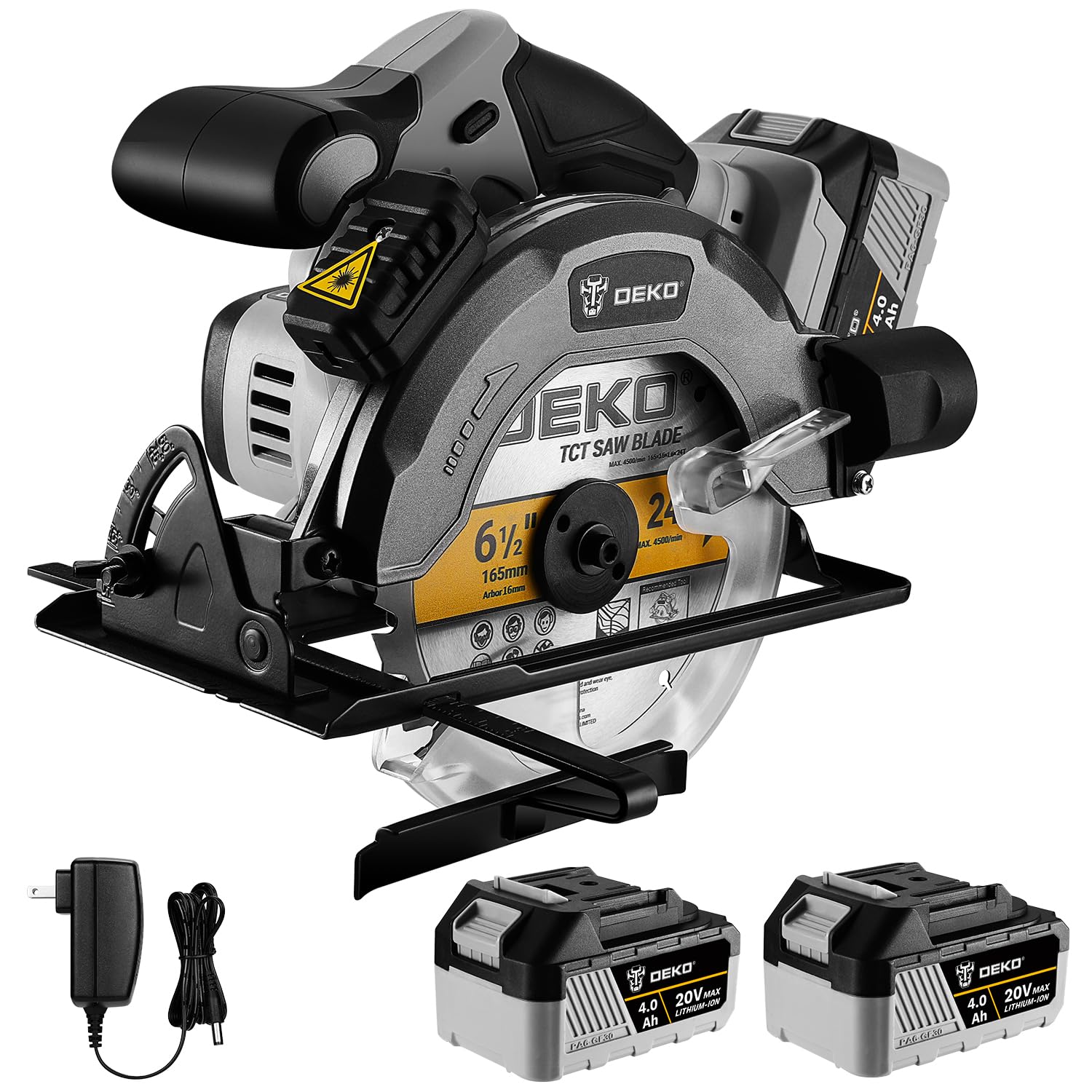 DEKOPRO 20V Cordless Circular Saw, 6-1/2-Inch Blade, 4500 RPM Circular Saw Cordless with 2 Battery and Charger（ 4.0Ah ）