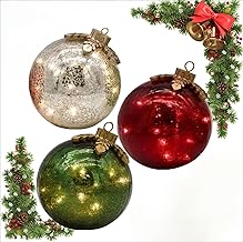 Glass Tabletop Christmas Ornaments, 3pcs Pre-Lit with Soft White LEDs for Tabletop Xmas Home Party Centerpiece Mantel