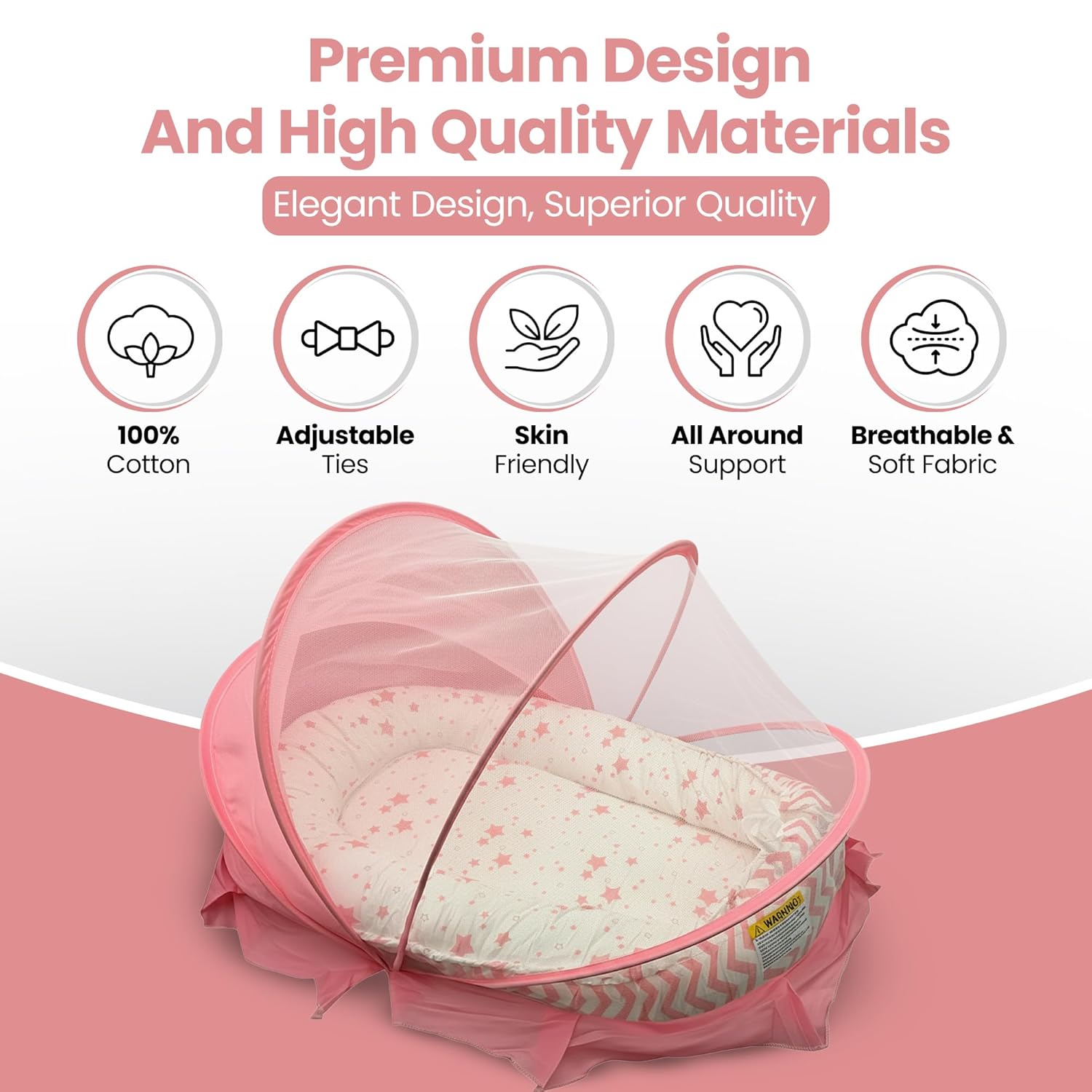 Baby Lounger for Newborn 0-24 Months, with Mosquito Net, Breathable & Soft Baby Nest, Portable & Lightweight (Pink)