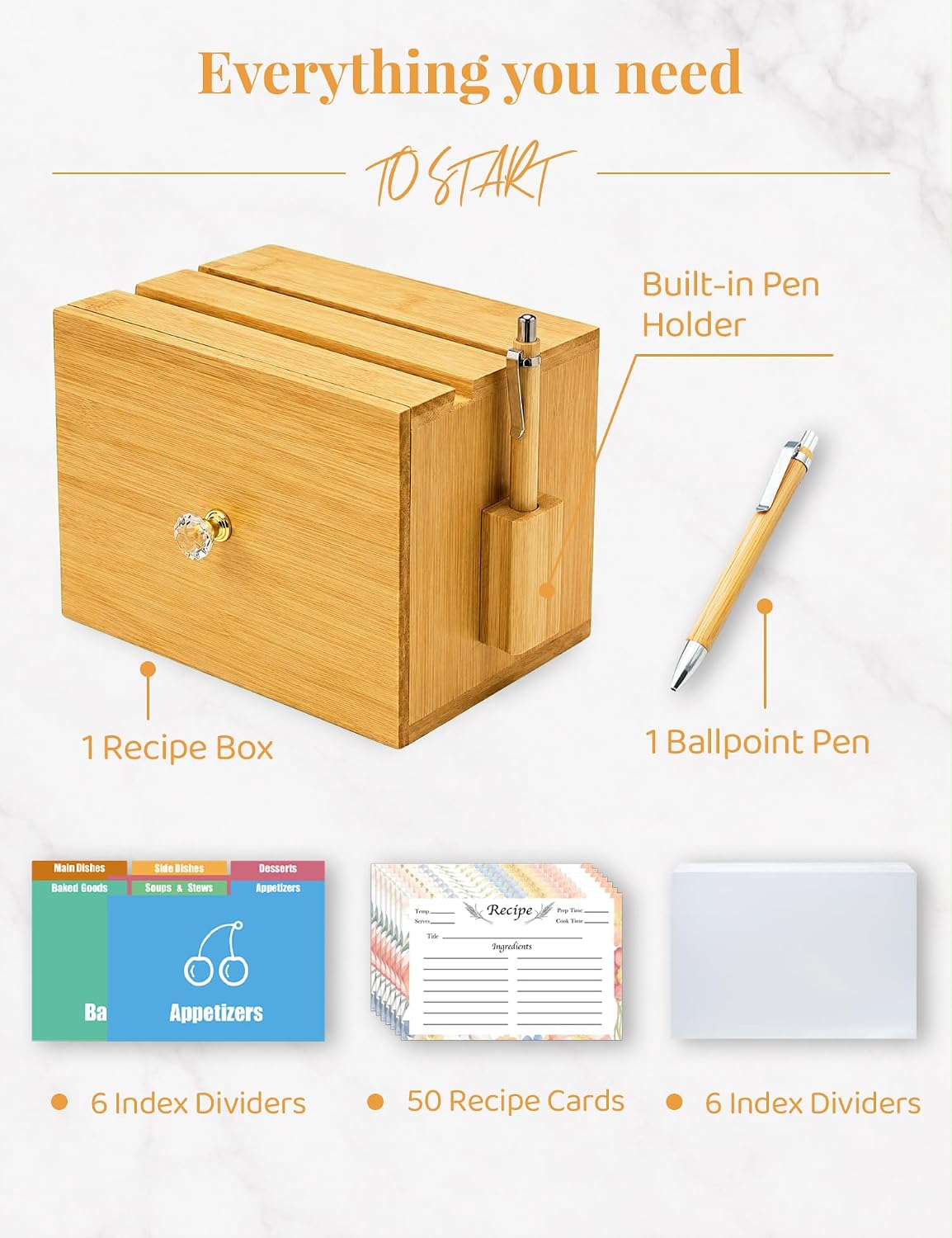 Wooden Recipe Box 4x6 with 50 Recipe Cards & 6 Dividers