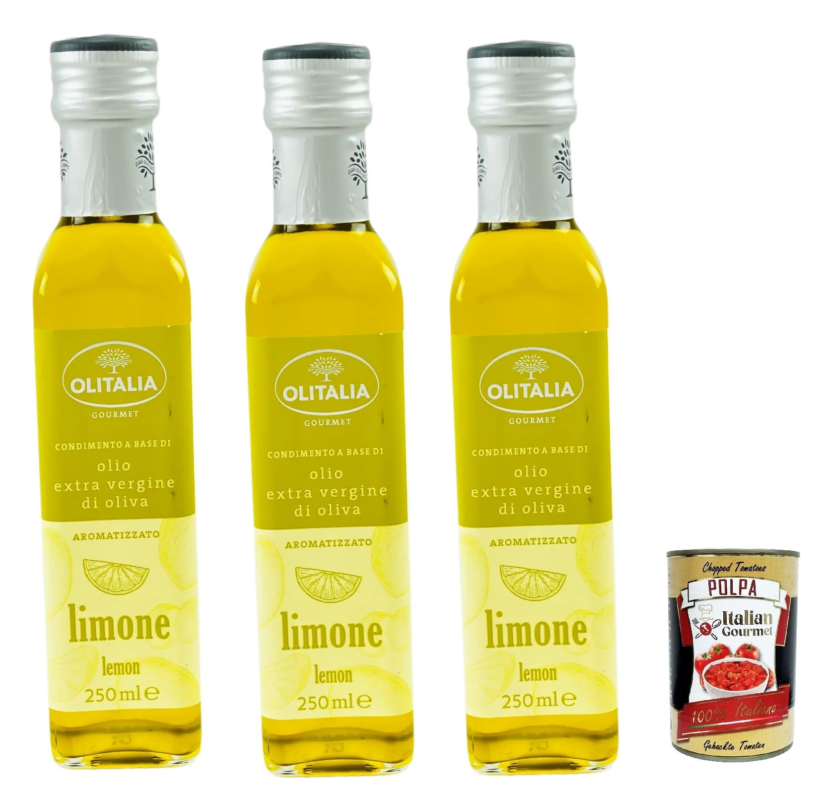 Olitalia Olio Condimento a Base di olio extra vergine di oliva all'aroma di limone, Extra Natives Olivenöl Zitrone geschmack 3x 250ml + Italian Gourmet polpa 400g