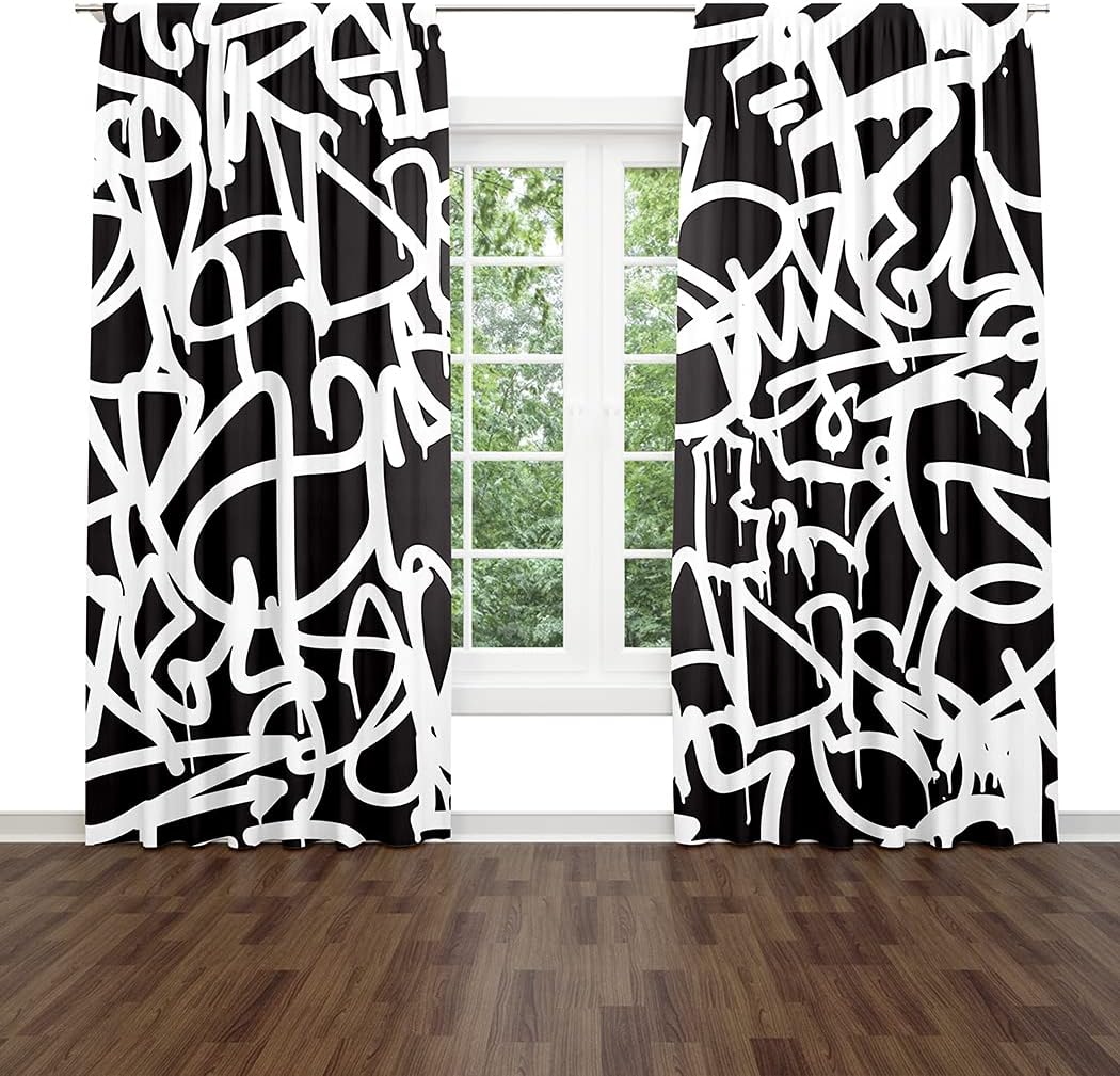 Graffiti Window Drapes Curtain Graffiti Writing Old School King Street Black and White Rod Pocket Drapes Curtain for Living Room Home Decor 26x84 Inches 2 Panels