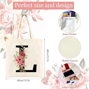 Personalized Initial Cotton Tote Bag, Canvas Reusable Shopping Bags with Makeup Bags, Gifts for Women, Mom, Teachers, Nurses, Best Friends, Bridesmaids, Monogrammed Gifts for Wedding, Birthday(L)