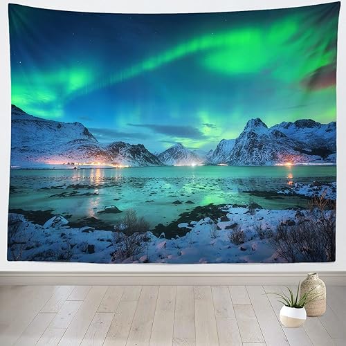 Miniatura 2 de BELECO Tapiz para colgar en la pared, diseño de auroras boreales, 106 x 70 pulgadas, montañas de nieve y vista al lago, noche estrellada, tapiz de