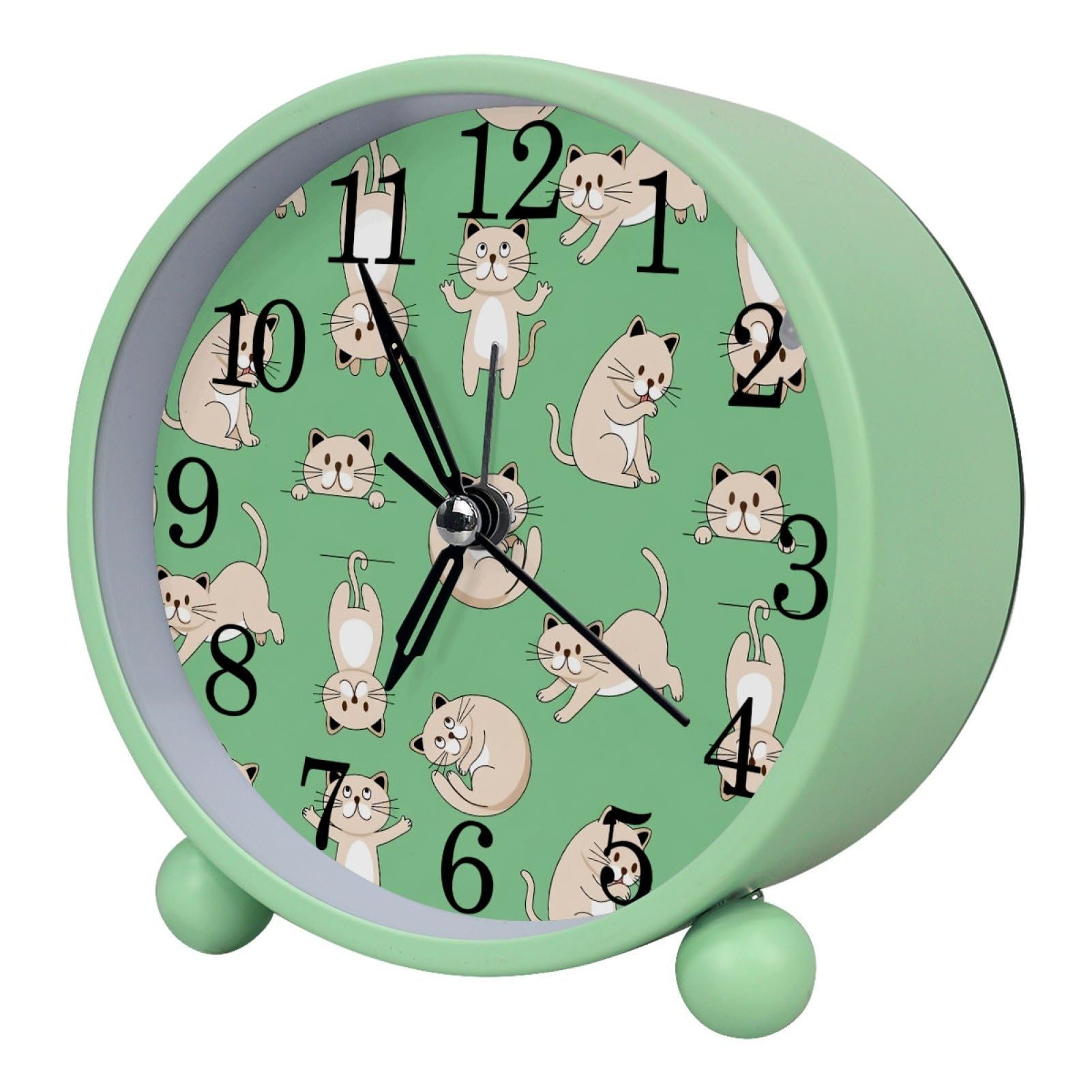 etoenbrc Cats with Green Background Round Battery Operated Bedside Alarm Clock Non-Ticking Desktop Silent Analog Alarm Clock with Light