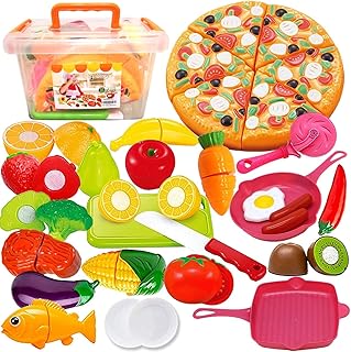 FUNERICA Play Kitchen Cutting Food Toys for Kids - 43-Piece Pretend Cutting Play Food Set with Play Fruits, Vegetables, Poultry and Fish, Play Kitchen Accessories, and Cutting Pizza