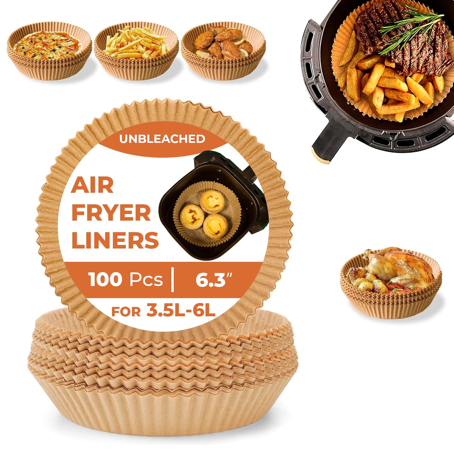 Roe Tenpo Air Fryer Liners, 100Pcs Disposable Baking Parchment Paper, Non-Stick & Greaseproof, Air Fryer Accessories for Ninja AF100UK, COSORI, Tower Air Fryer