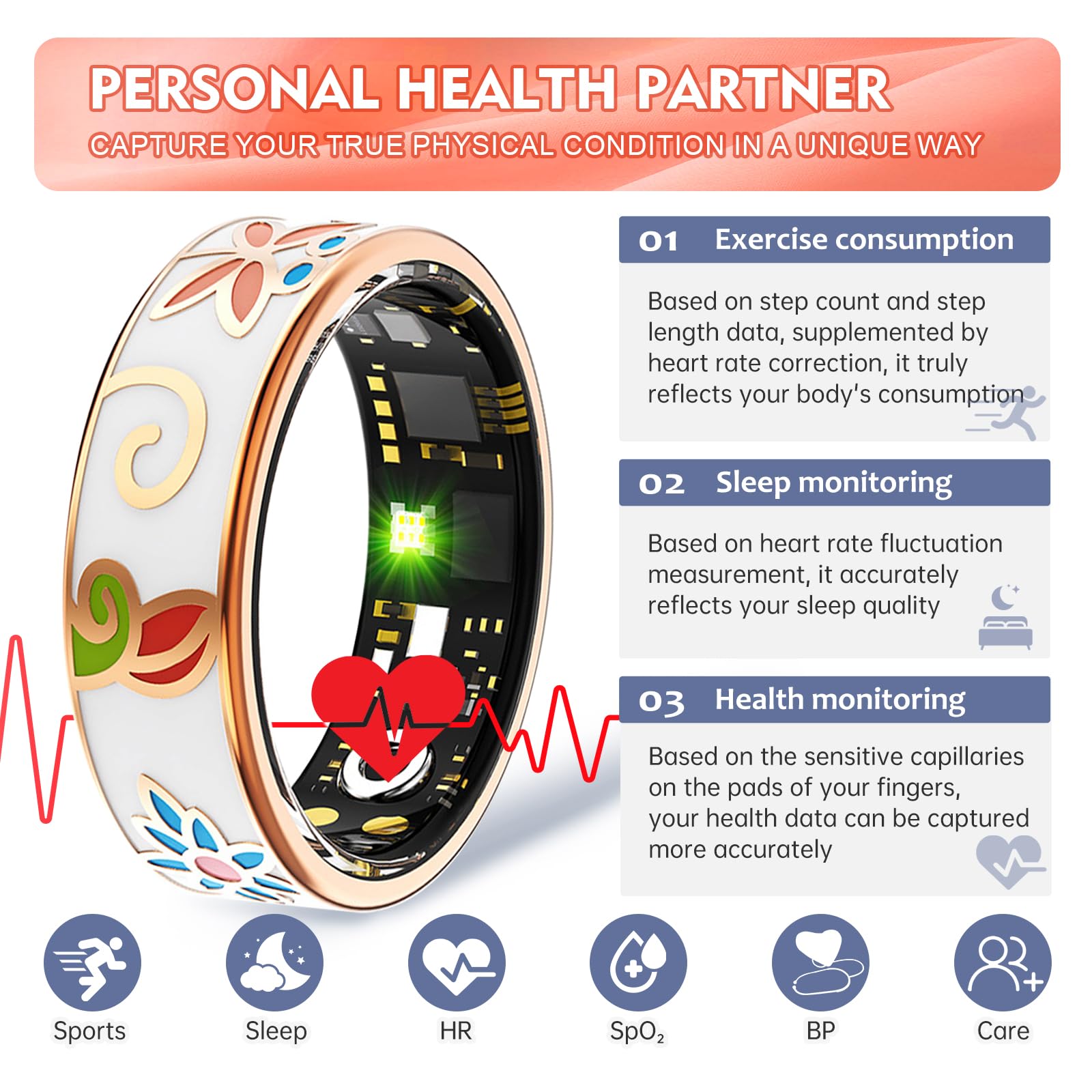 Smart Ring Health Tracker per donne e uomini, monitoraggio del sonno con frequenza cardiaca, SpO₂, pressione sanguigna, anello fitness per monitoraggio attività, senza abbonamento, anello Step Tracker