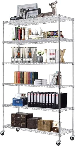 FDW Estantería de alambre de 48 pulgadas de largo x 18 pulgadas de ancho x 82 pulgadas de alto, estante de metal con ruedas de 6 niveles, estante de