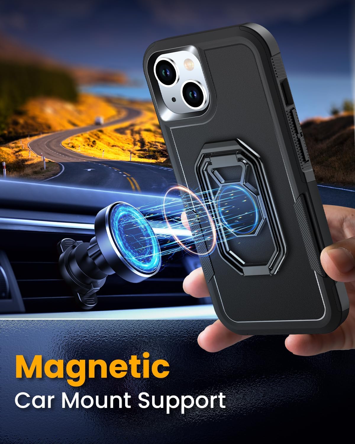 Shields Up for iPhone 13 Case with Stand (Two-Way Stand), 14 Phone Case with Double Ring Holder, Heavy Duty Shockproof Cover for iPhone 13/iPhone 14 - Black - Image 6