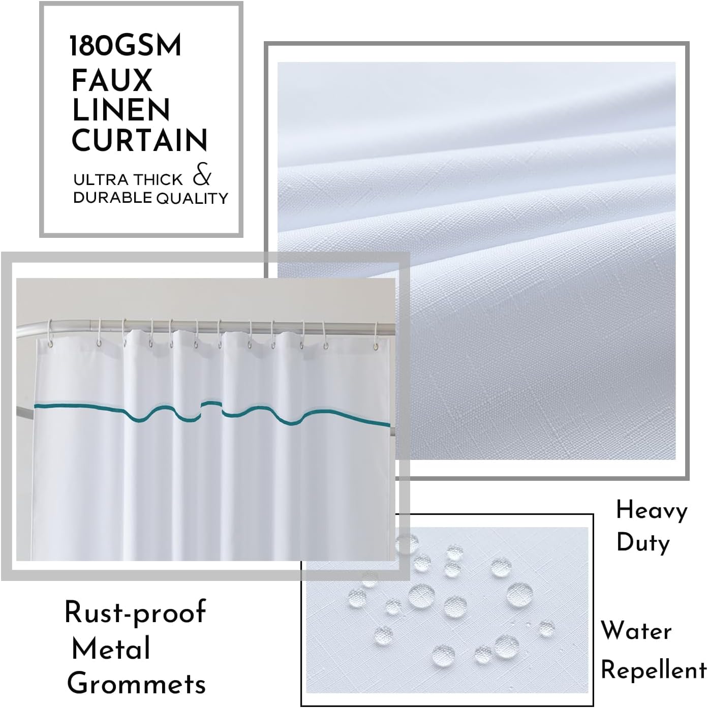 White Shower Curtain with Teal Border, Modern Chic Faux Linen Fabric Shower Curtains for Bathroom and Hotel,72 x 84 Inches