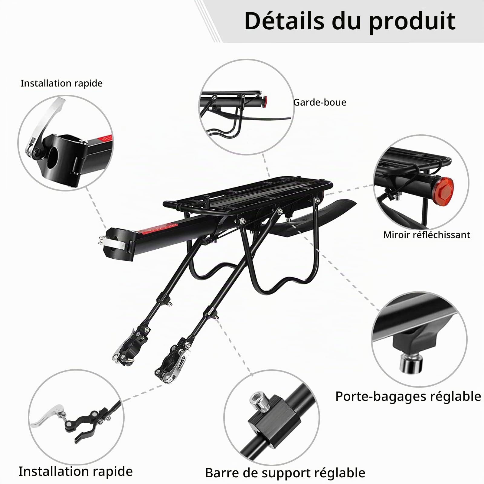 Porte Bagage Vélo Arrière, Porte Bagage Velo Arriere Universel en Alliage d'Aluminium, Rapide Installation Porte-Bagages avec Réflecteur et Garde-Boue pour VTT de 24 à 29 Pouces