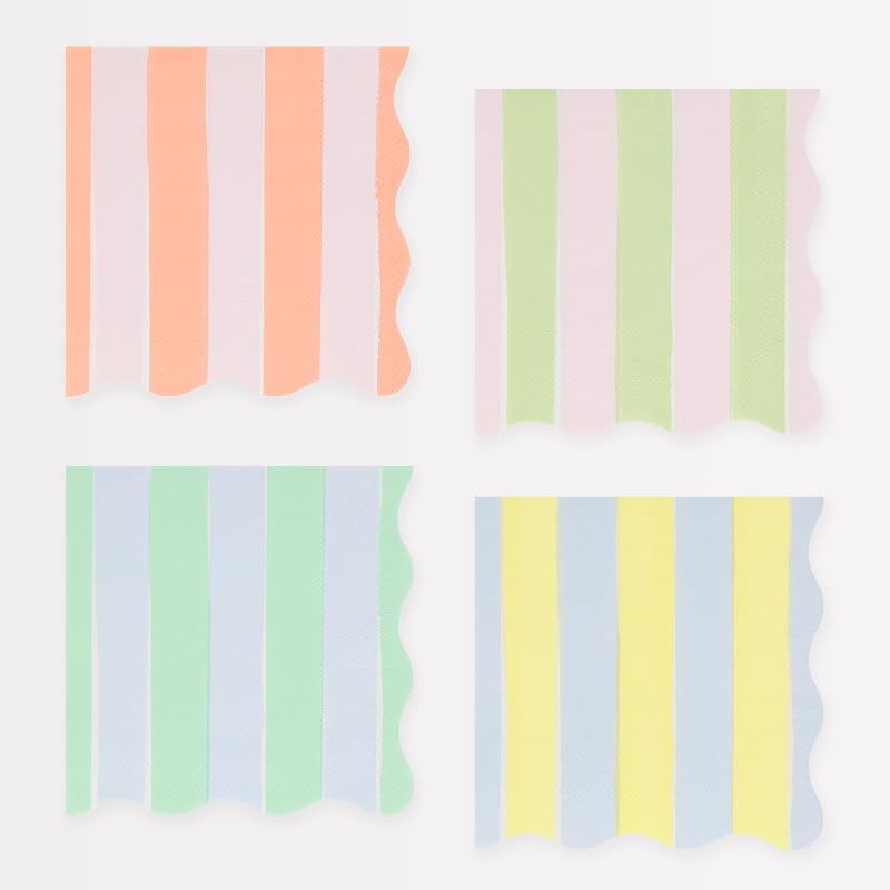 Meri Meri Pastel Striped Napkins (Pack of 16), Disposable | Thick & Absorbent 3-Ply Paper Pastel Napkins with Wavy Edges, Available in Dinner & Cocktail Sizes