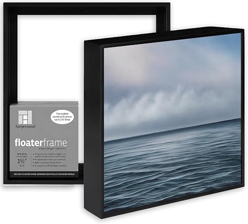 Ampersand Floaterframe Readymade Frame for Flat and 1 1/2" Deep Wood Panel and Canvas Artwork, Paintings, Prints, and More, 12"x12", Black Thin