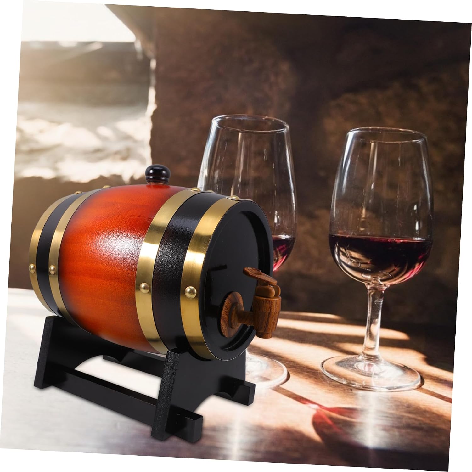 Wooden Wine Barrel with Stand and Tap Black-brown Beverage Dispenser for Parties Home Bars and Outdoor Events Excellent Freshness Versatile Use