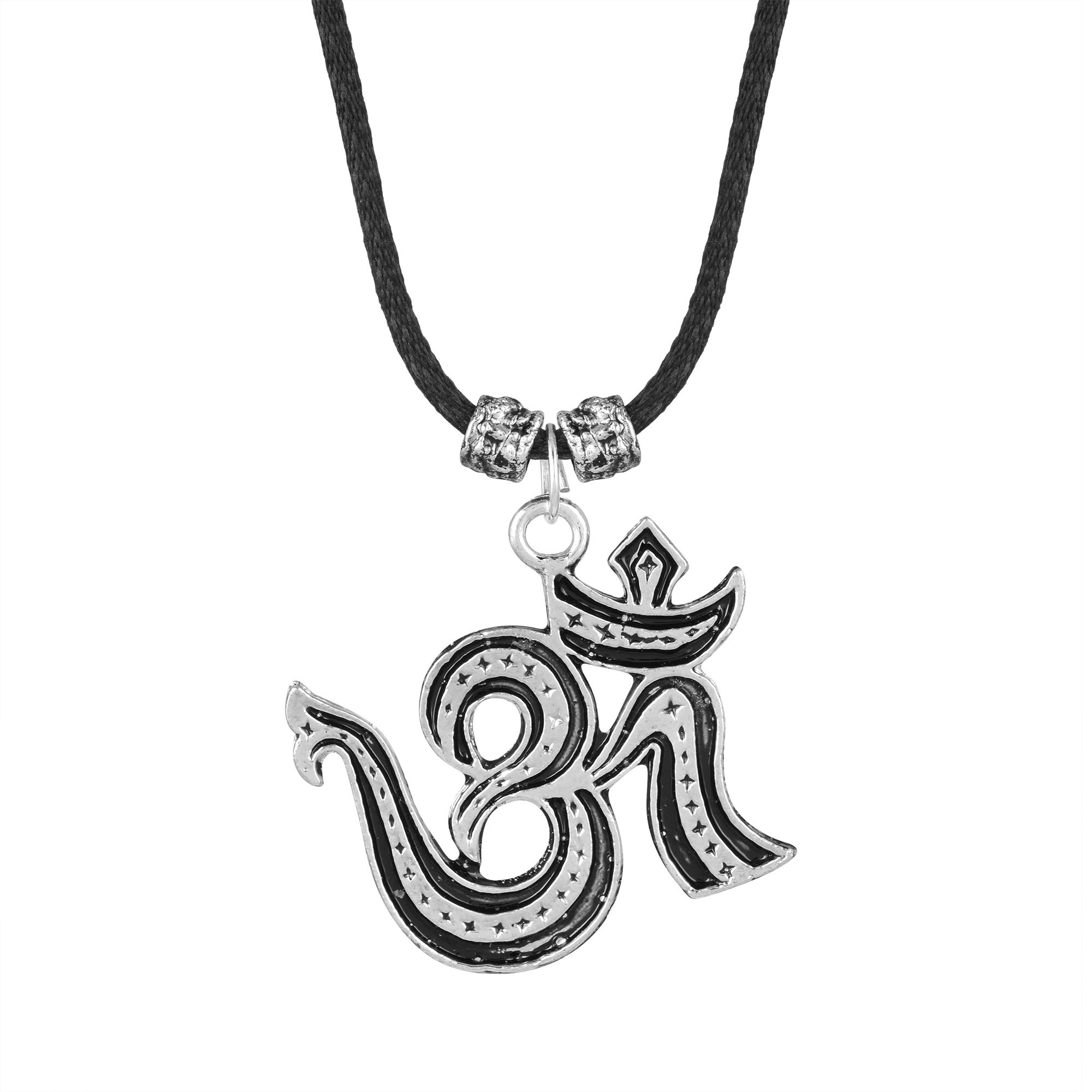 morirSilver Plated Big and Bold Om Aum Ohm Hindu Symbol Religious Black Satin Pendant Locket Necklace Temple Religious Jewelry for Men and Women