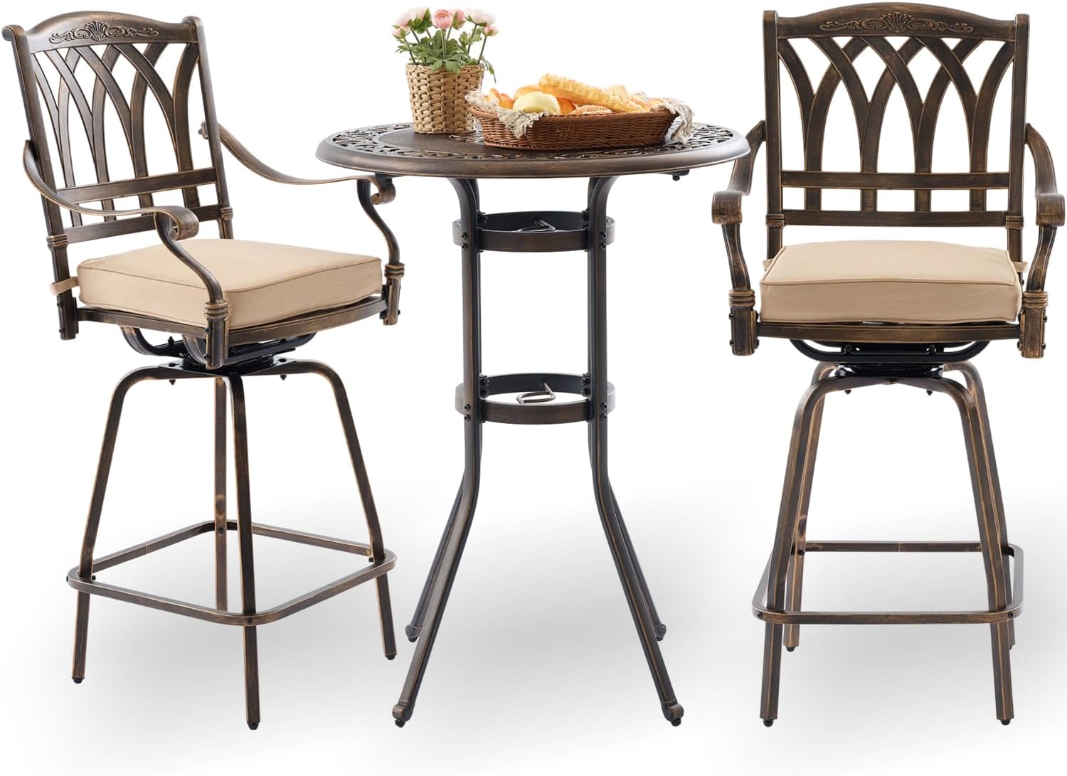 Bar Height Outdoor Table and Chairs, 3 PCS Cast Aluminum Patio Swivel Bar Set Include 31.5" Outdoor High Top Table and Barstool Set of 2 with Cushions