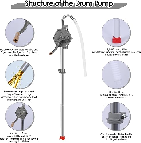 Miniatura 4 de Bomba de tambor de 55 galones, bomba de aceite manual de aluminio de 7 GPM, se adapta a tambores y barriles de 15 a 55 galones, compatible con