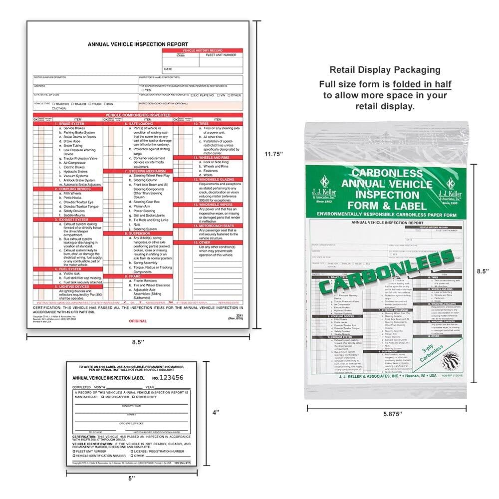 Formularz raportu z przeglądu pojazdu 25-szt. (format Snap-Out, 3-warstwowy, bezwęglowy, 21,5 cm x 29,8 cm) + etykieta 25-pak. (2-warstwowy, winyl z laminatem mylarowym, 12,7 cm x 10 cm) - J. Keller & Associates