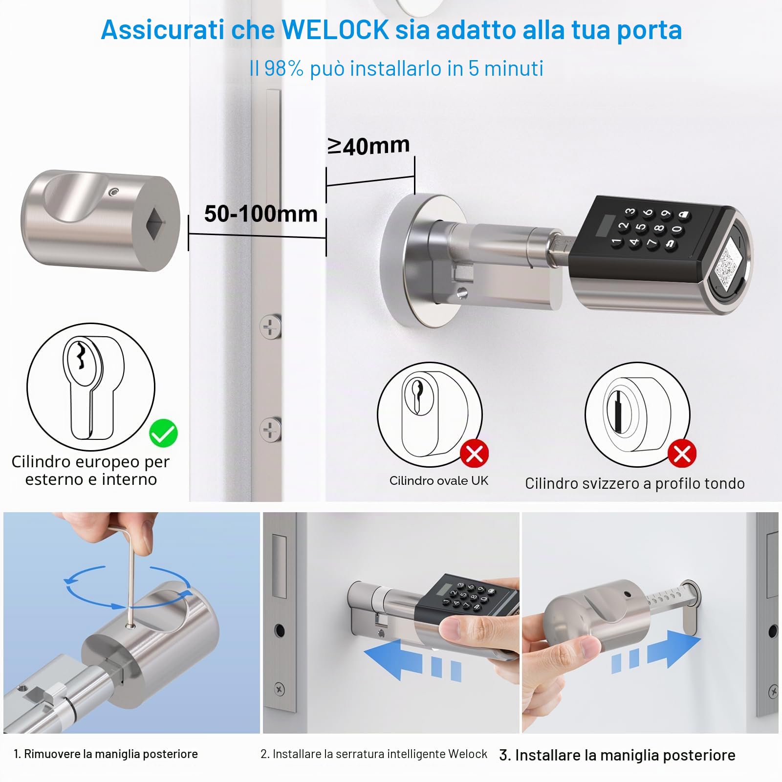 WE.LOCK PB Serratura Smart,serratura porta blindata con password e Bluetooth APP,serratura elettronica wifi,smart lock facile da installare