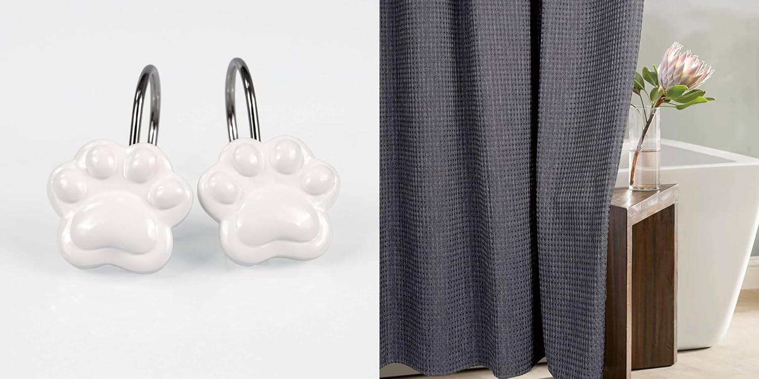 Grey Shower Curtain & White Paw Hooks - 72x72 Waterproof Washable Linen Style Fabric Shower Curtain - 12 PCS Rust Proof Metal Shower Curtain Rings (2 Item Bundle)