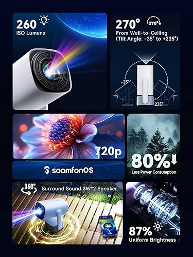 Miniatura 2 de Mini proyector con WiFi y Bluetooth - Proyector de video SOOMFON 4K con altavoz de 6 W, proyector portátil de película pequeña giratoria de 270 para