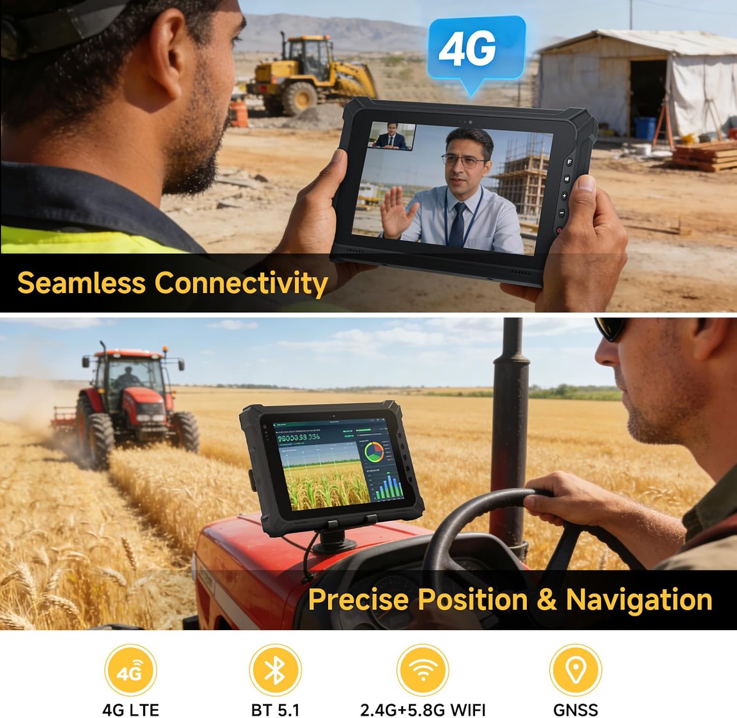 Rugged Tablet with Barcode Scanner T17X, 10.1 inch Android 14 Industrial Tablet PC w/Zebra 4710, 1D/2D QR Inventory Scanner, 8GB+128GB Rugged PC for Warehouse, Logistics, Retail