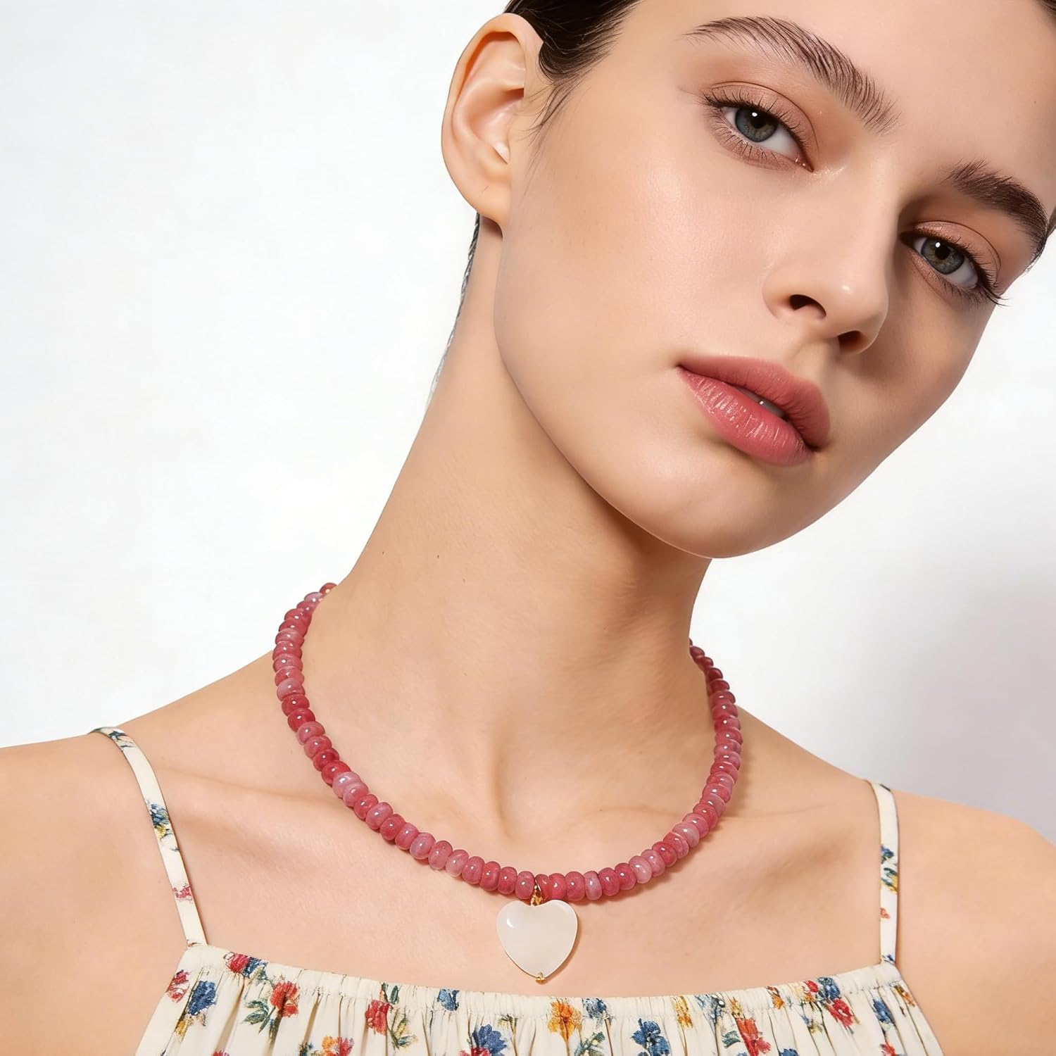 Handmade Rhodonite Beaded Necklace with Heart Charm, Handmade Natural Stone Bohemian Surfer Beads Necklace, 14K Gold Plated Gemstone Beach Jewelry for Women with Rose Quart Heart - Image 2