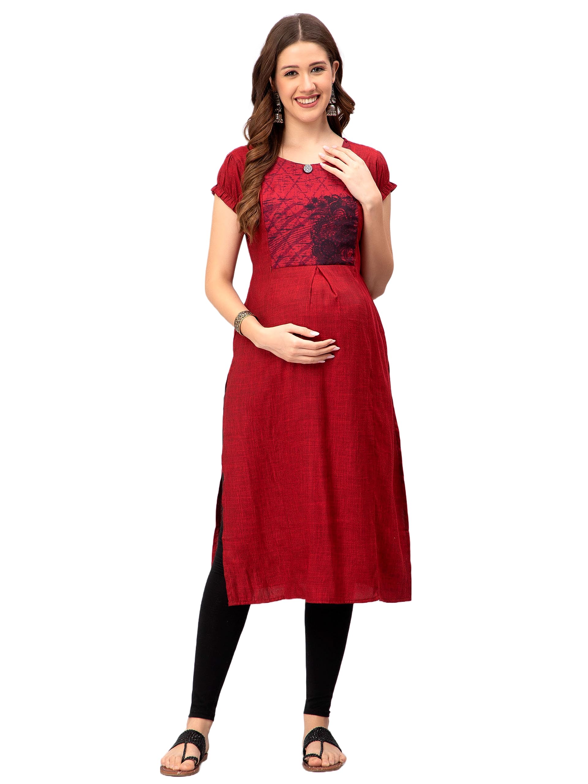 cee 18 Women's Cotton Rayon Straight Maternity Feeding Kurti for Feeding with Zippers(9652_44,Romantic Red,2XL)-picture-14
