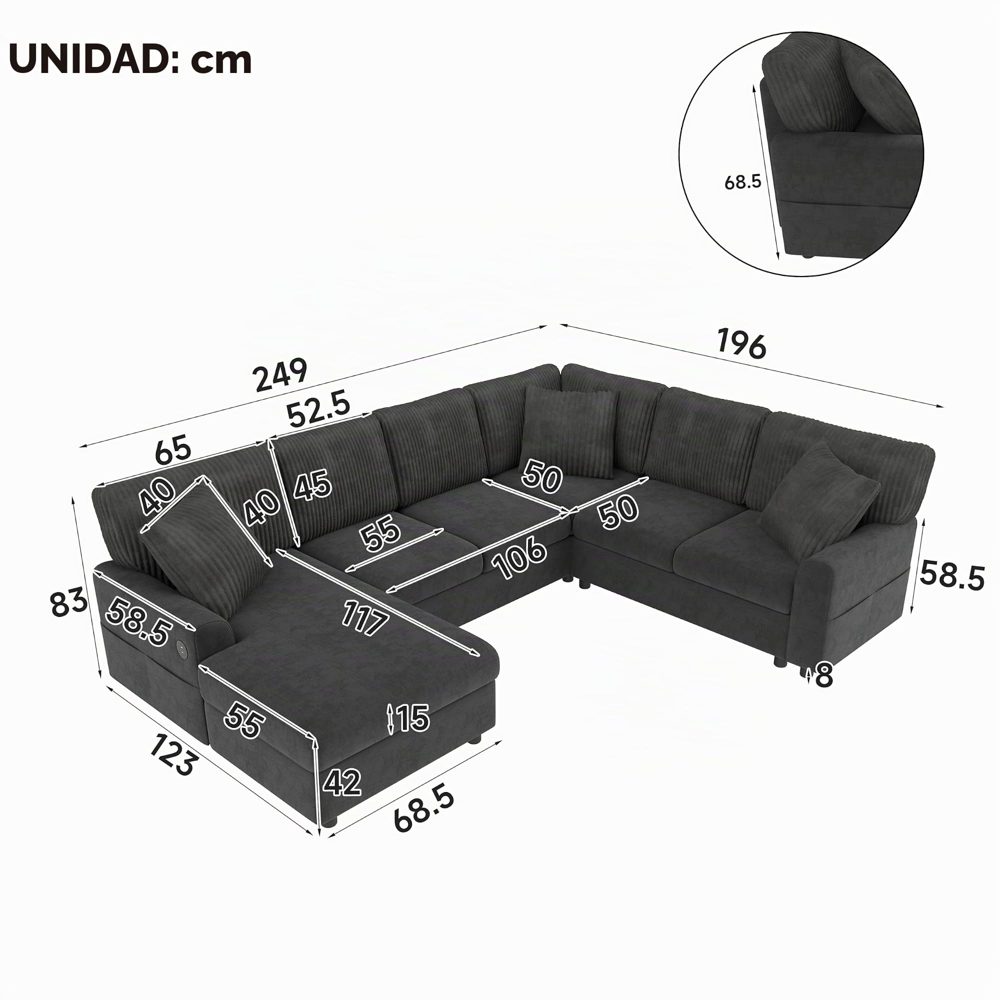 Sofa Rinconera en Forma de U, Puerto USB, 3 Cojines