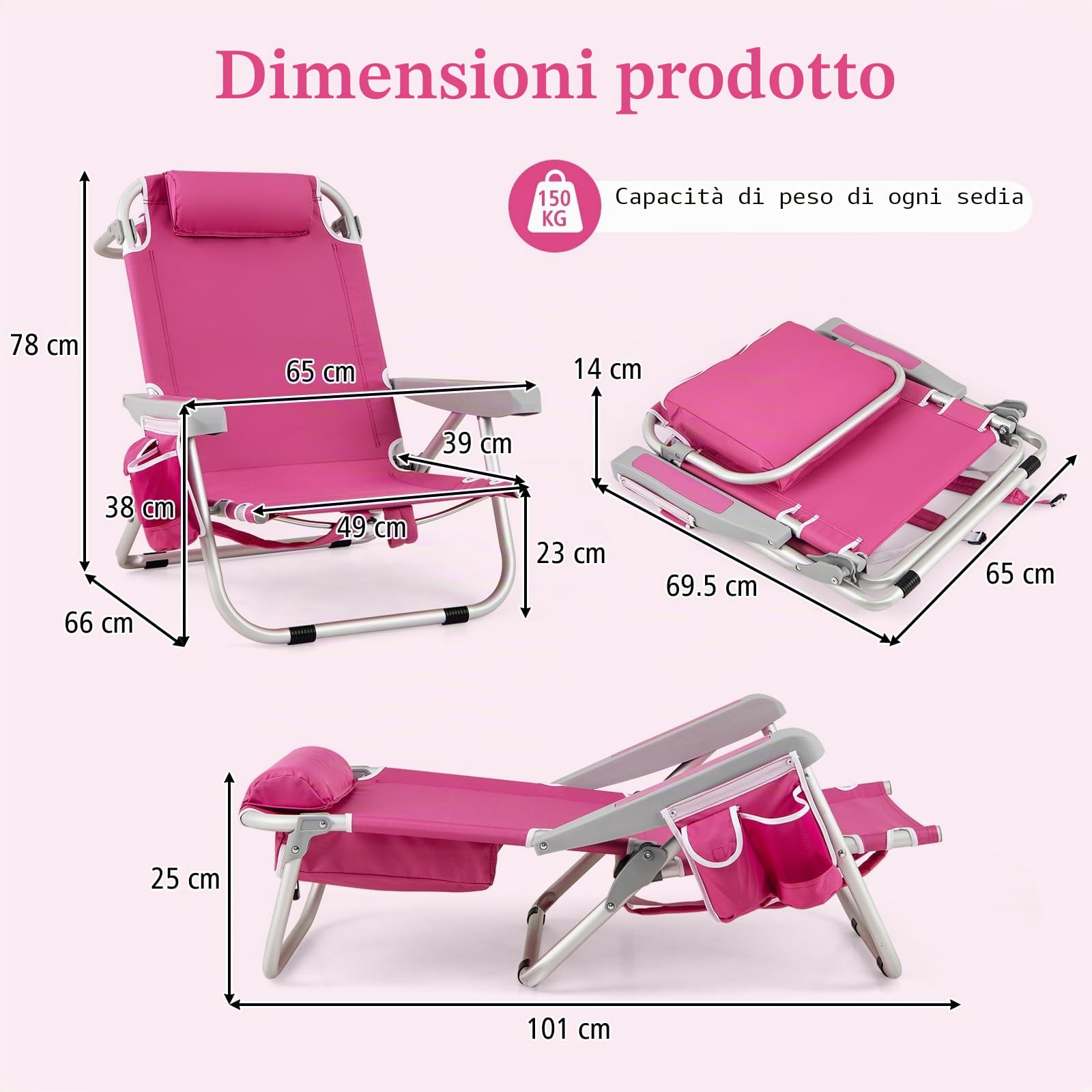 KOMFOTTEU Sedia da Spiaggia Pieghevole, Spiaggina con Schienale Regolabile in 5 Posizioni, Sdraio Mare con Poggiatesta, Lettino Prendisole con Tasca Laterale, Carico 150 kg，Rosa：1