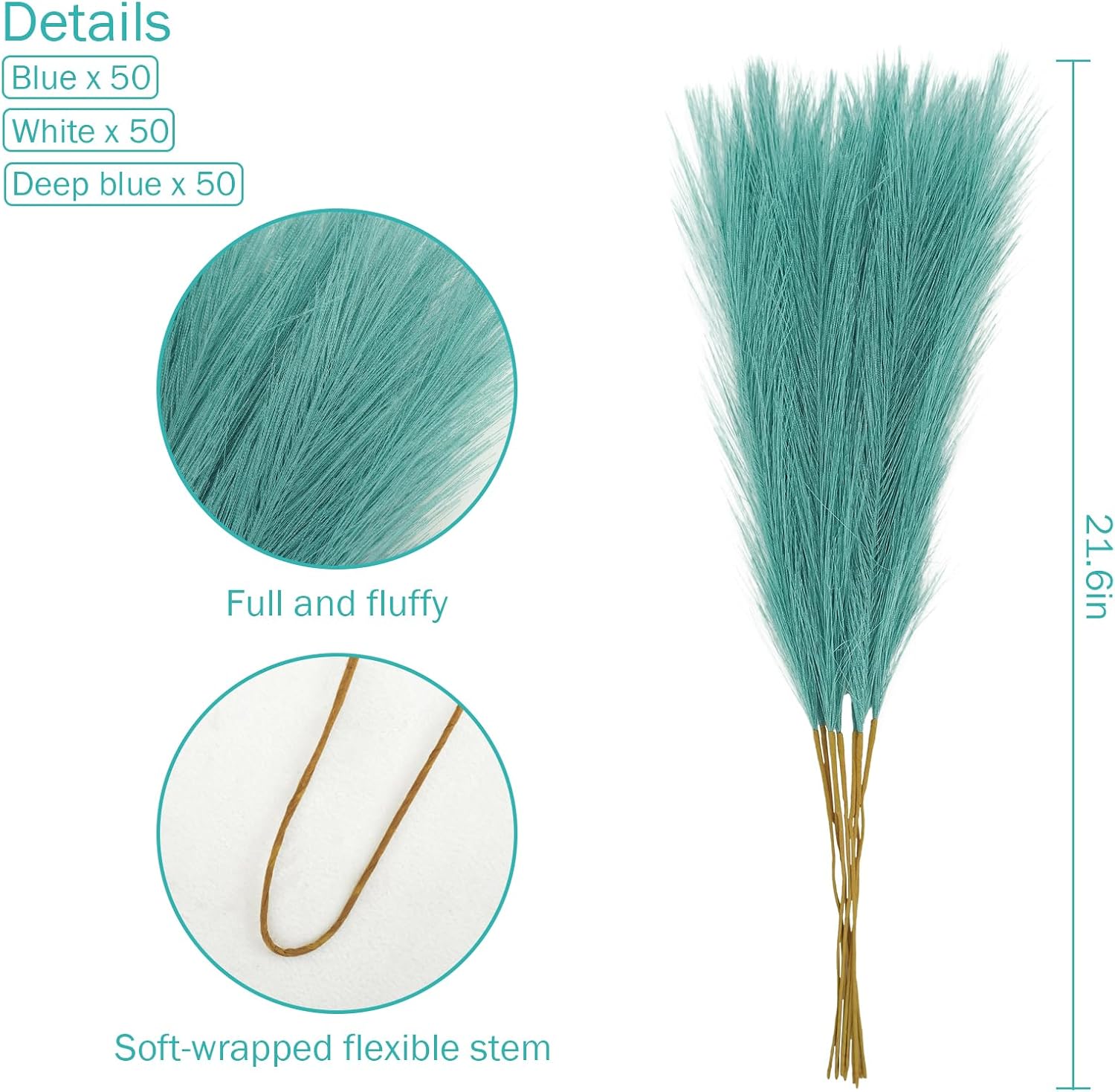 Agusbagli 150pcs Teal Blue Faux Pampas Grass, 21.6in Fluffy Artificial Colored Pompas Grass Short Blush Fake Pampas Stems Vase Filler Flower Arrangement for Home Wedding Centerpieces Boho Decor