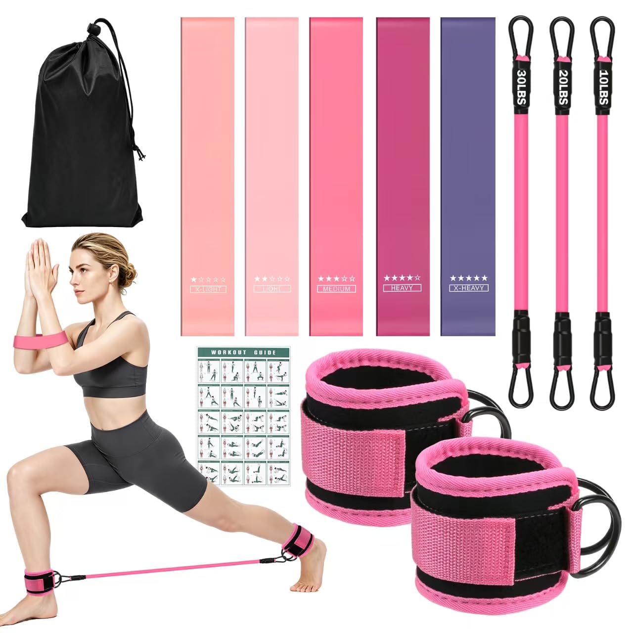 lompyeu Set of elastic muscle bands, 12 pieces and gym anklets | Elastic Fitness Bands with Guide and Bag, Elastic Fitness Bands for Training, Pilates, Yoga and Home Gym