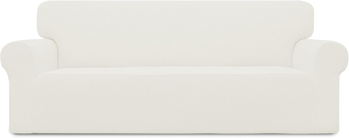 Stretch Couch Covers for Sofa Washable Large Cream | 1-Piece Sofa Covers for 3 Cushion Couch Furniture Protector Couch Slipcover Soft with Bottom for Kids Pets