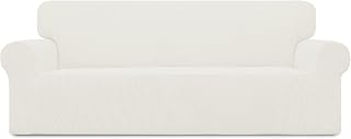 Easy-Going Super Stretchy 1-Piece Sofa Slipcover Jacquard Fabric Protector, Fits 60-81in Couches, Cream Small Checks
