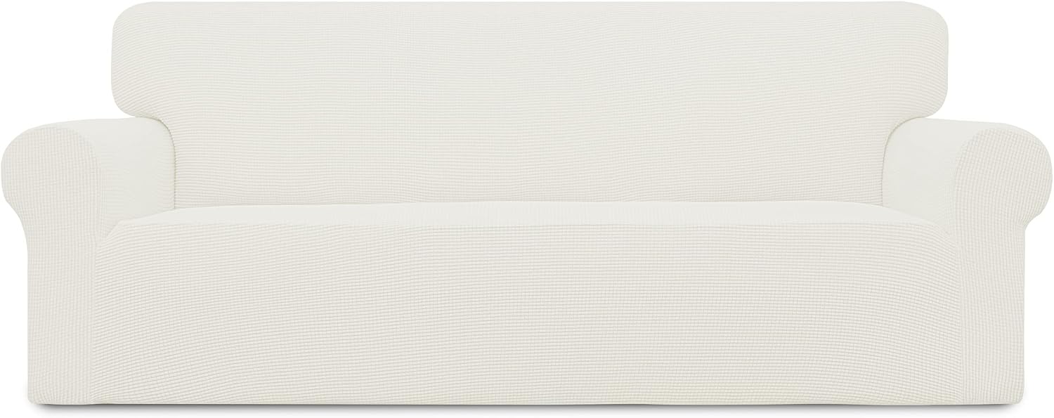 Easy-Going Stretch Sofa Slipcover 1-Piece Sofa Cover Furniture Protector Couch Soft with Elastic Bottom for Kids, Polyester Spandex Jacquard Fabric Small Checks (Sofa, Cream)