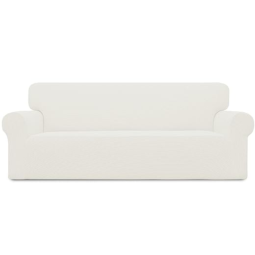 Easy-Going Stretch Sofa Slipcover 1-Piece Sofa Cover Furniture Protector Couch Soft with Elastic Bottom for Kids, Polyester Spandex Jacquard Fabric Small Checks (Sofa, Cream)