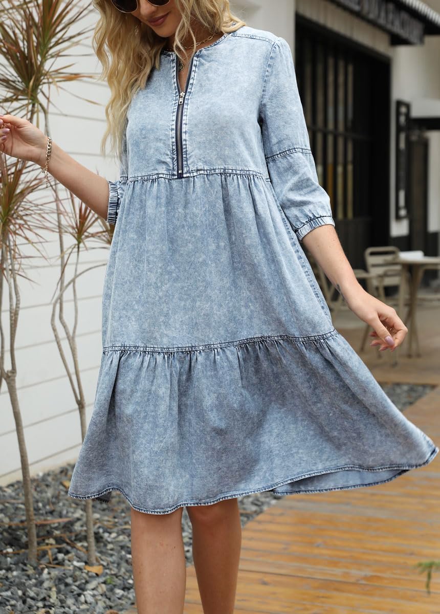 Women's Washed Crewneck Half-Zip Closure 3/4 Sleeve Soft Babydoll Denim Midi Dress - Image 3