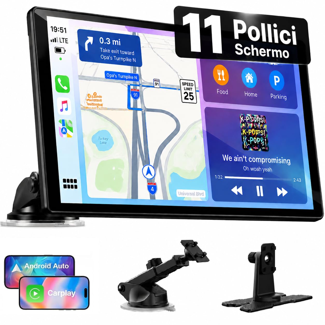 LAMTTO Schermo Portatile Wireless da 11 Pollici 2026 Upgrade CarPlay per Apple CarPlay & Android Auto,Car Play per Auto con Navigazione GPS, Bluetooth, AirPlay, AUX, Connettività per Tutti i Veicoli