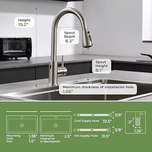 Miniatura 6 de VFAUOSIT - Grifo de cocina con cabezal rociador sin contacto, sensor de movimiento, manos libres, fregaderos de 1 orificio, de acero inoxidable,