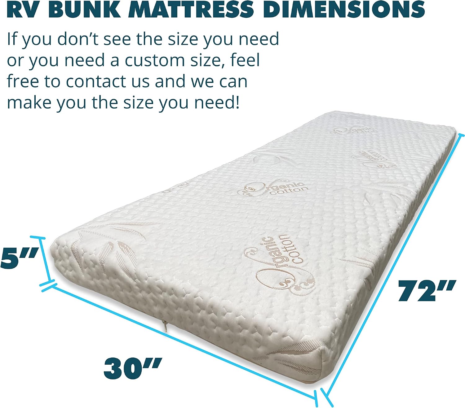 Foamma 5" x 30" x 72" Memory Foam Mattress for RV with Water Resistant Organic Cotton Cover, Firm High Density Foam Base, USA Made, CertiPUR-US Certified