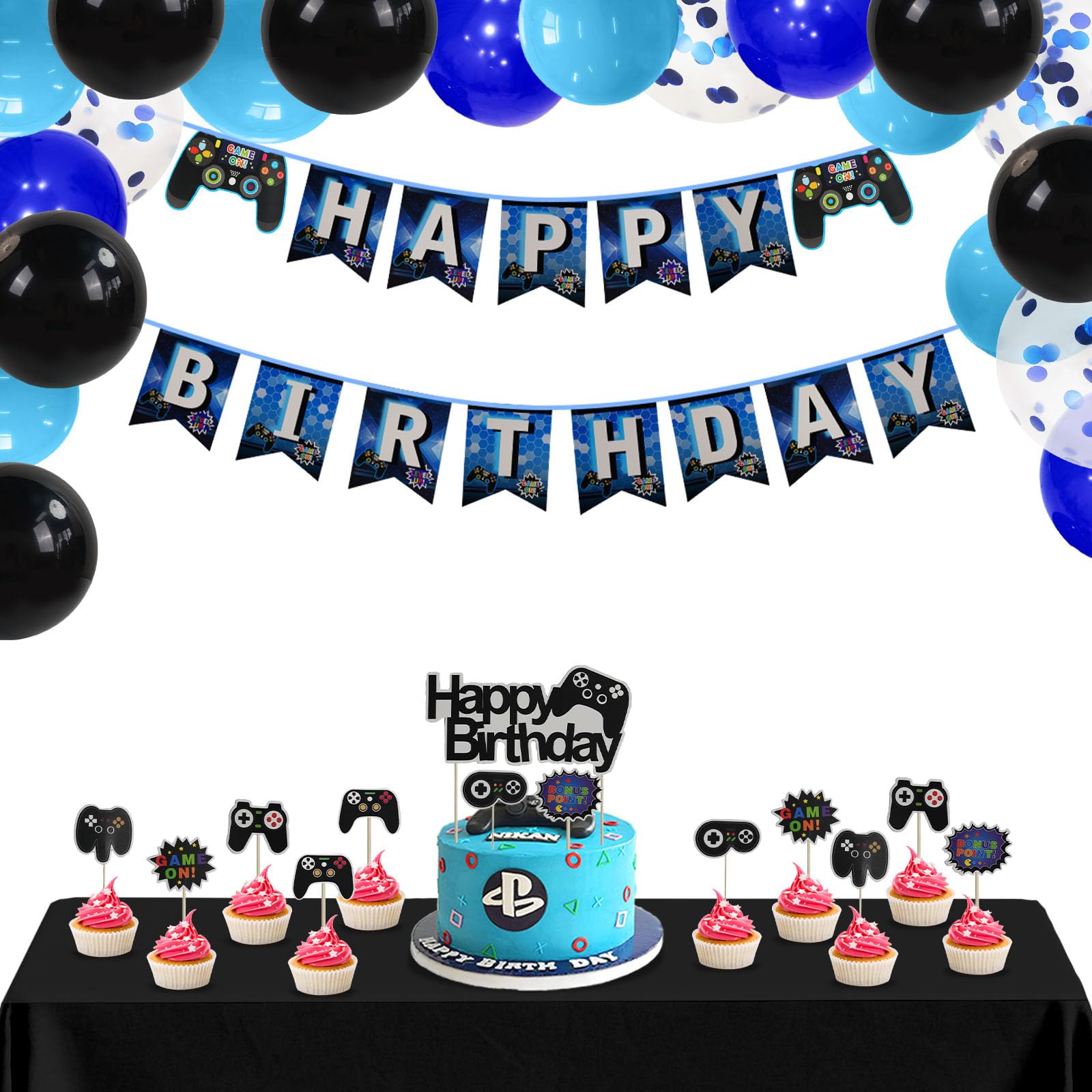 Video Game Party Supplies Boys Party Decorations Happy Birthday Banner, Cake Topper, Swirl, Tablecloths and Balloons, for Kid Birthday Decoration